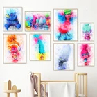 Рисунок ветки и королевы Поппи тролли, холст, постер, абстрактная Акварельная живопись, Настенная картина для детской, декор для детской комнаты