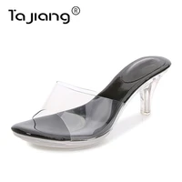 ta jiang 2021 fashion new transparent crystal middle heel slippers female heels women