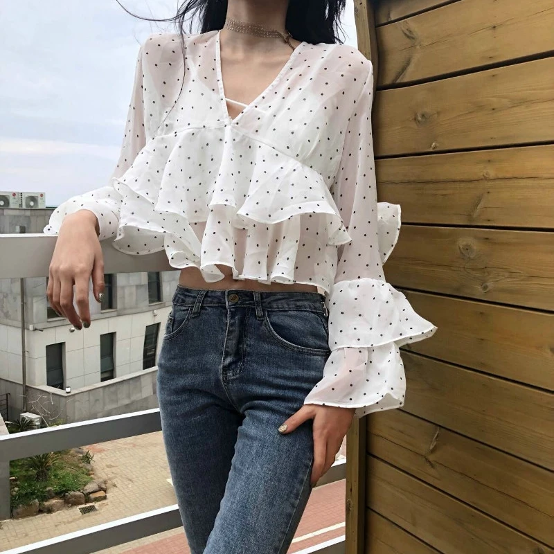 Sexy See-through Chiffon Crop Top Flare Long Sleeve Deep V-Neck Ruffle Polka Dot Print Tunic Pullover Female and Summer |