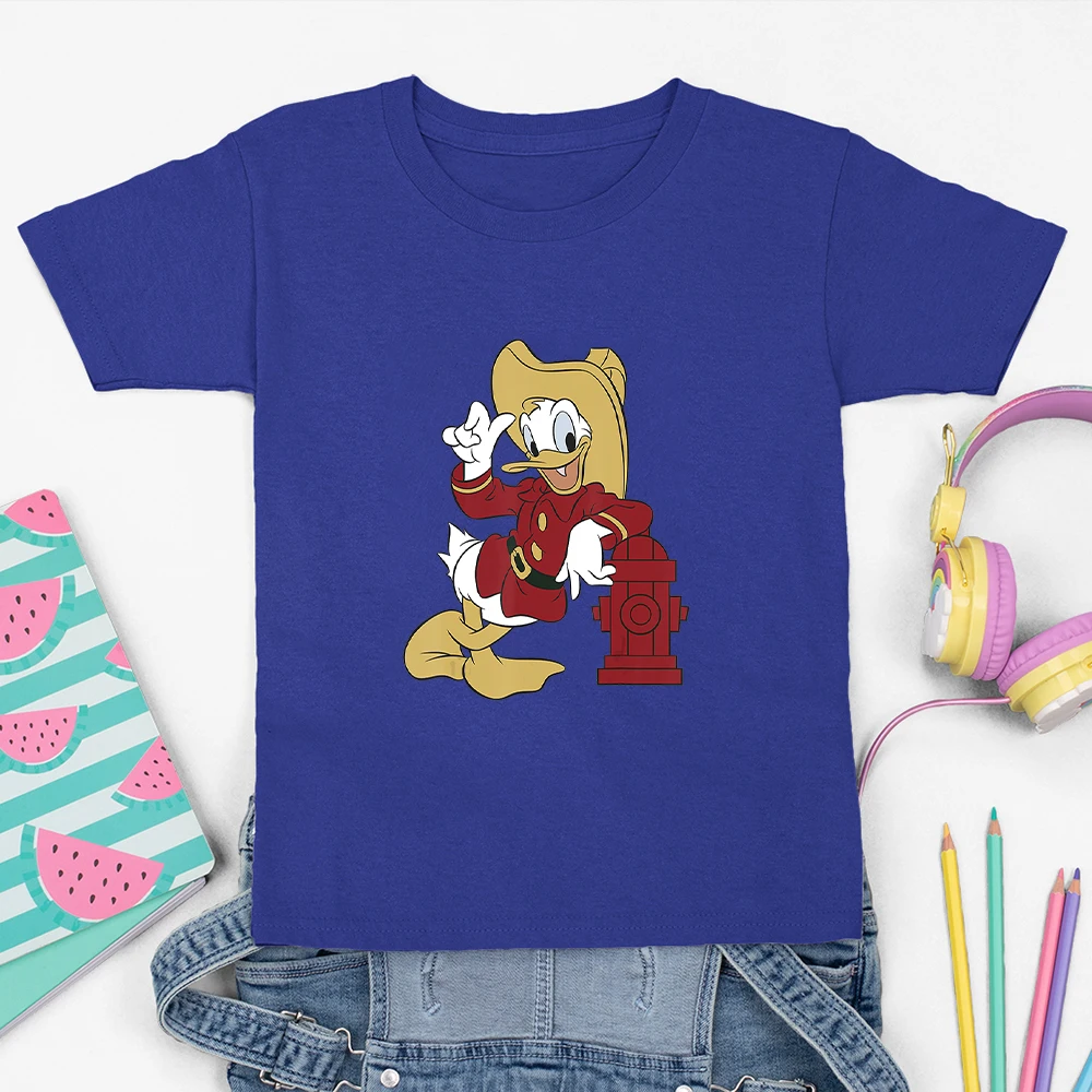 Camiseta Kawaii de Disney para ni&ntilde;os de las cuatro estaciones, Camiseta con estampado de dibujos animados de Pato Donald, c&oacute;moda, de manga corta con cuello redondo, novedad de verano-2