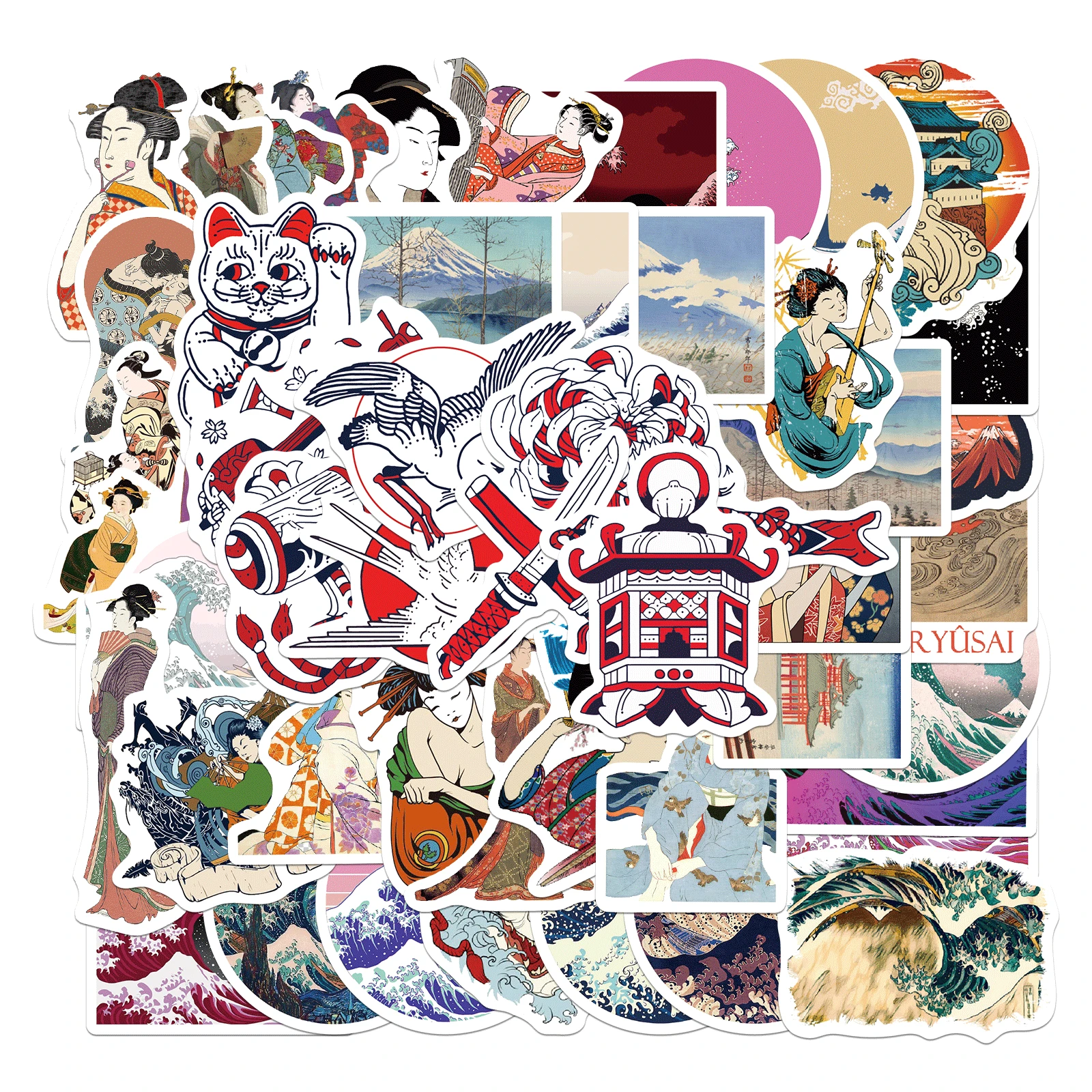

50pcs Vintage Ukiyo waves cartoon stickers Graffiti Guitar Scrapbook Skateboard Cup Phone Luggage Laptop Waterproof Sticker Toys