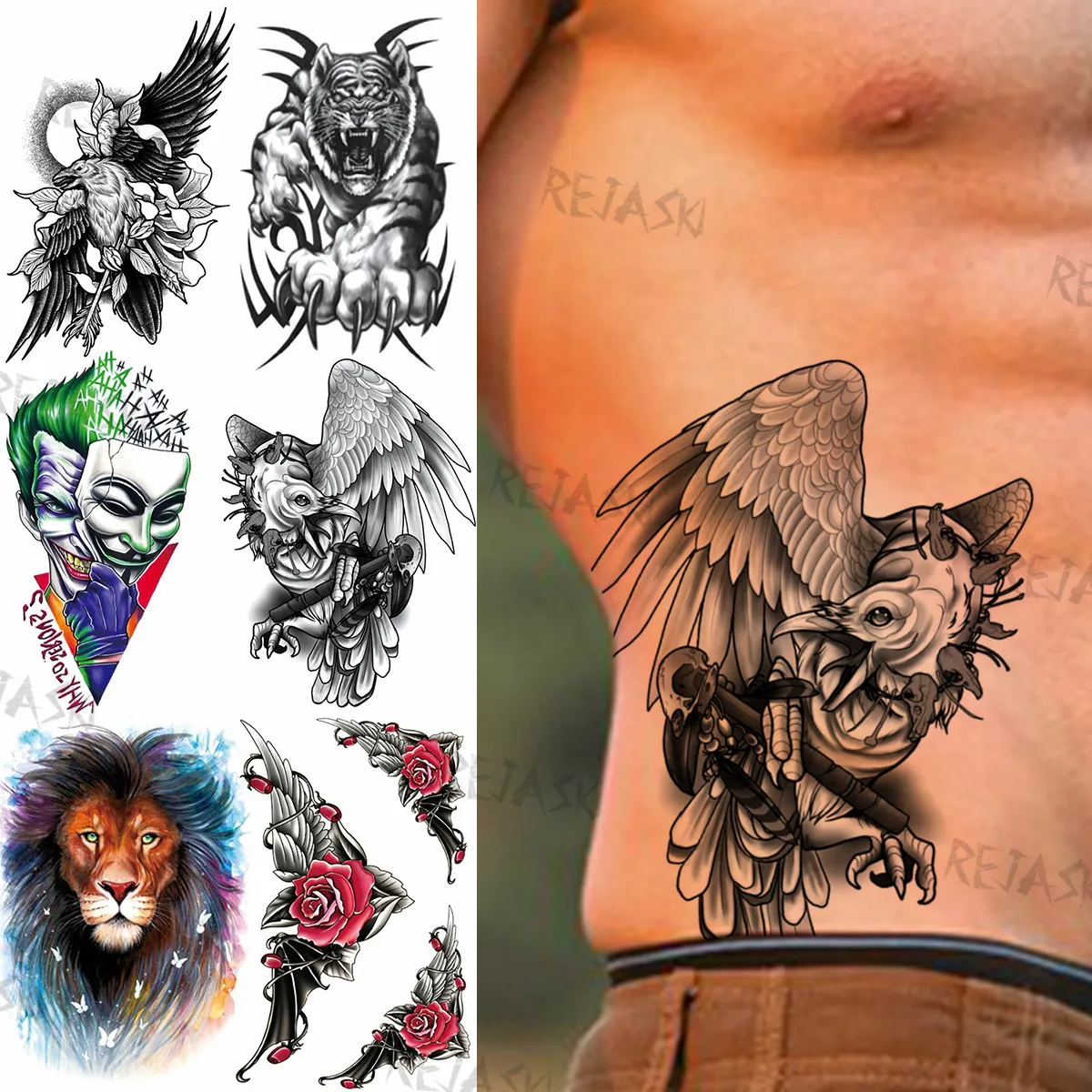 

DIY Black Eagle Temporary Tattoos For Men Women Adult Home Fake Tiger Lion Clown Flower Tattoo Sticker Realistic Waist Arm Tatoo