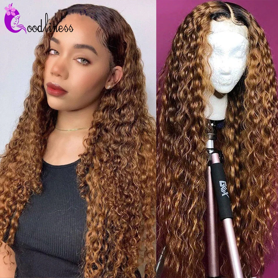 

Honey Blonde Lace Front Wigs Highlight Wig Water Wave Lace Front Wig Pre-Plucked 13x4 Lace Frontal Wig Curly Human Hair Wig 180