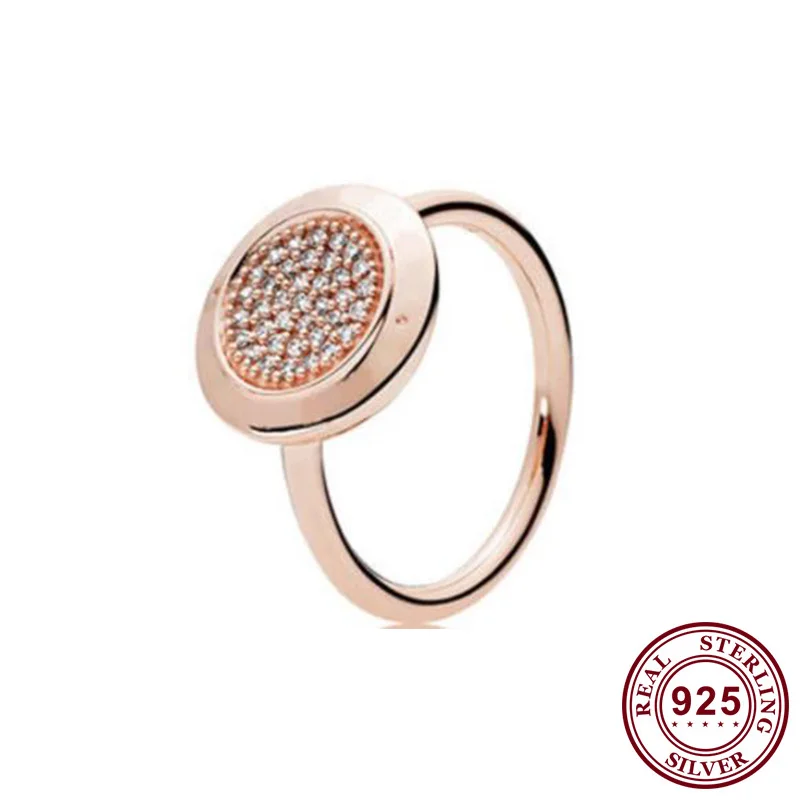 

100% 925 Sterling Silver Pan Ring Rose Gold Round With Crystal Ring For Women Wedding Party Gift Fashion Jewelry