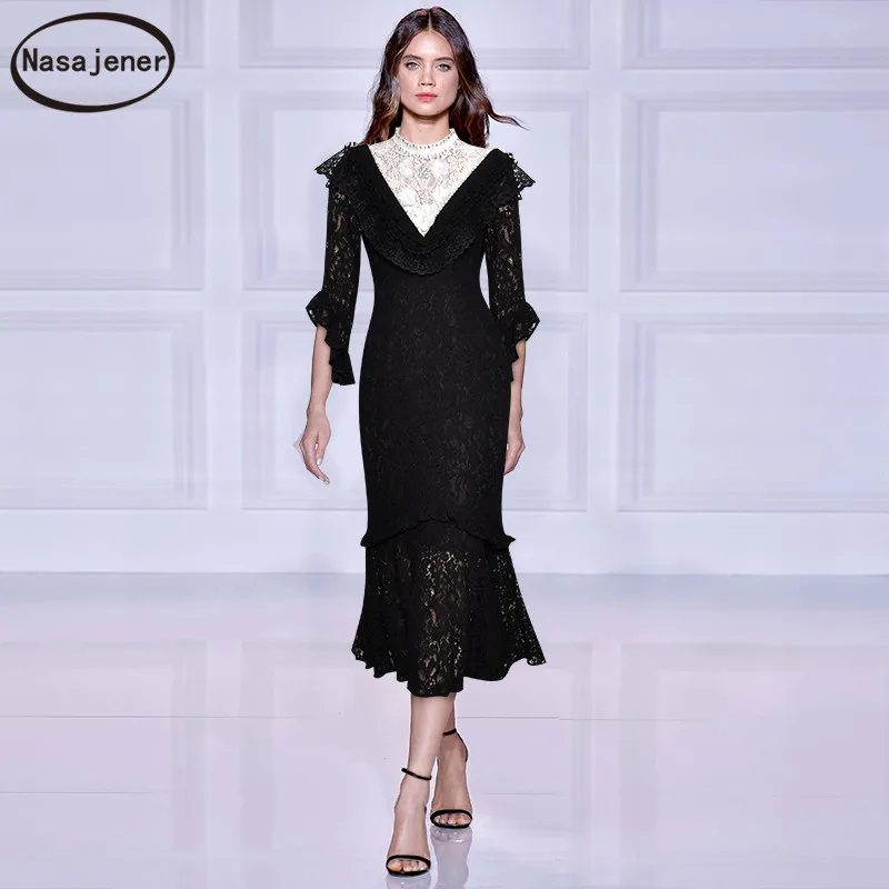Модное осеннее черное кружевное платье миди женские платья с рукавом-бабочкой
