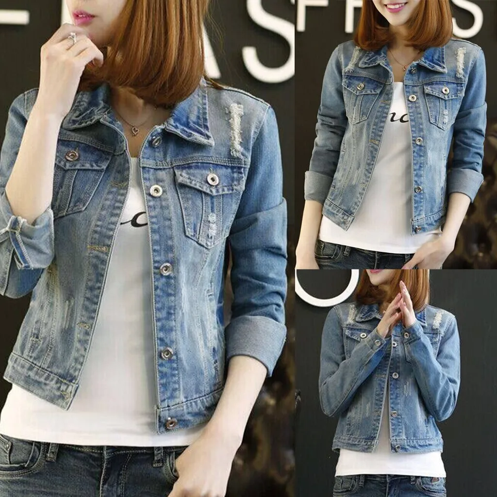 Женская модная Повседневная джинсовая куртка на пуговицах с отворотом винтажные