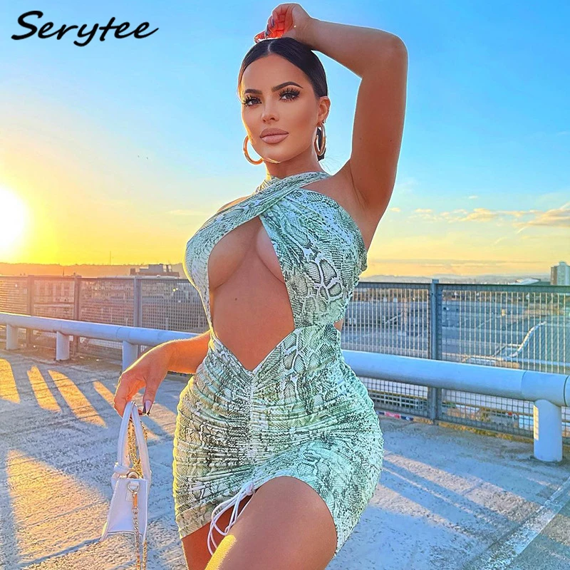 

Serytee Tie Dye Print Hollow Out Ruched Bodycon Dress For Women 2021 Summer Drawstring Halter Skinny Club Party Dresses Green