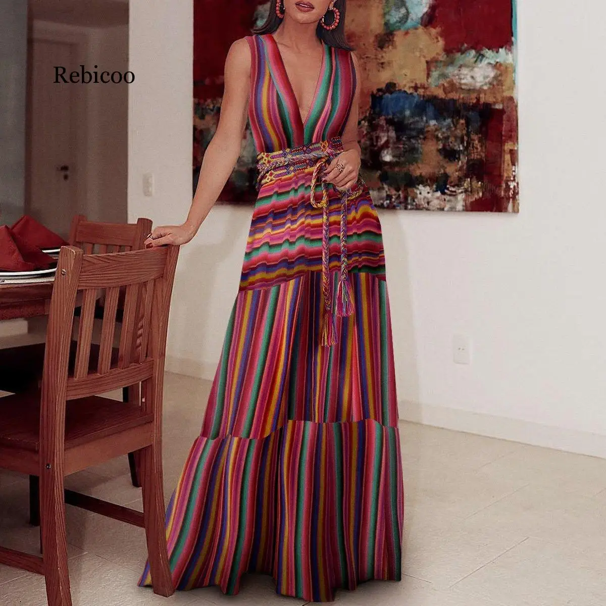 

Striped women's dress 2019 spring and summer V-neck sleeveless stitching bohemian long dress