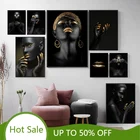 Золотистая и черная современная модель макияжа, Африканская женщина, настенная Картина на холсте, модные постеры для девочек, принты для украшения дома