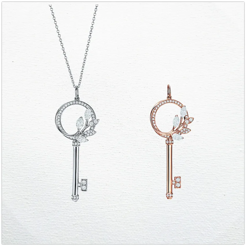 

New women's sterling silver 925 rose gold inlaid zircon rattan ring key necklace female models sterling silver key necklace