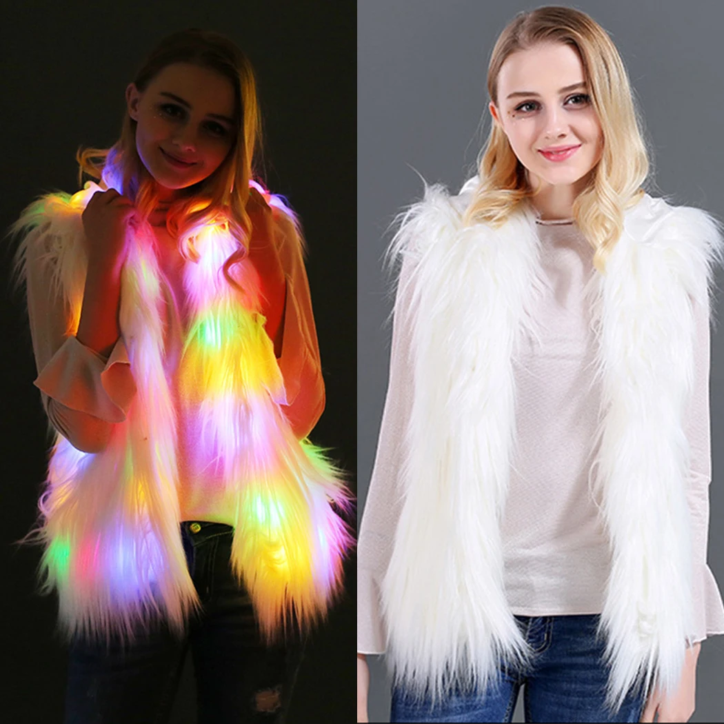 New LED Lights Style Jacket Faux Rabbit Fur Autumn Winter Sleeveless Hooded Coat Christmas Partynight Coats Plus Size 6XL | Женская