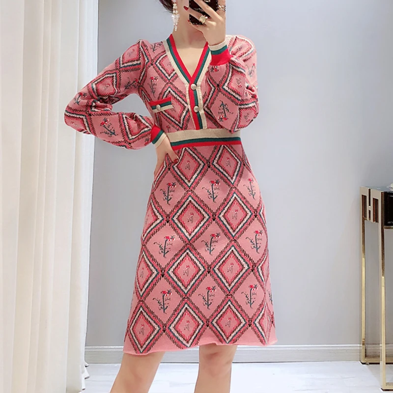 Теплое зимнее платье для женщин хит цвет ромба жаккардовое платье-свитер 2020
