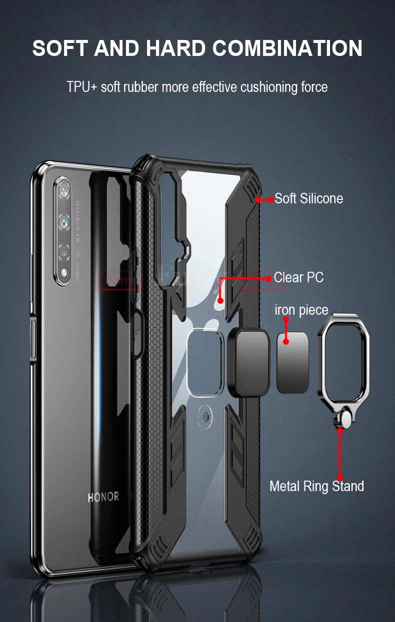 Противоударный защитный чехол для huawei Honor 20 Pro, чехол с кольцом, Прозрачный чехол для Honor 20 Pro 9x Pro, чехол на заднюю панель