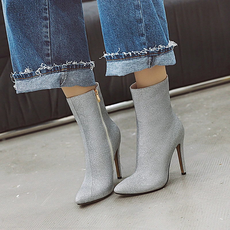 JK Sequined Boots Women Western Ankle Boot Ladies High Heels Shoes Pointed Toe Bling Female Party Winter Big Size 46 | Обувь