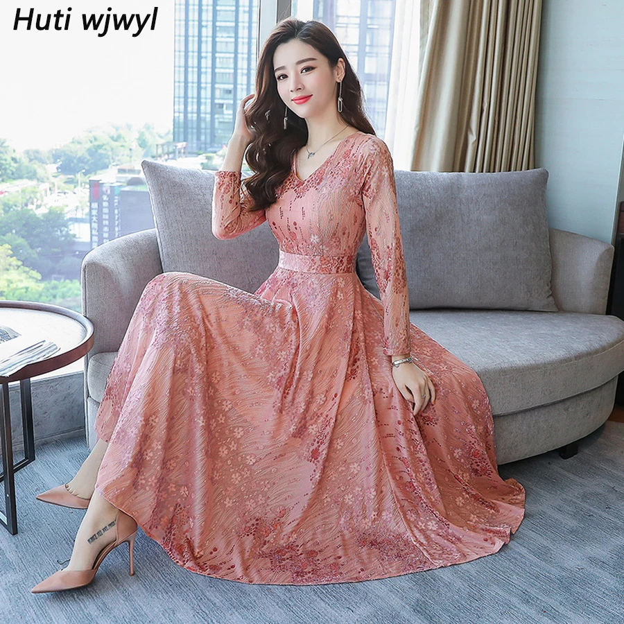 Винтажные однотонные платья миди Осень зима 2020 Женское Платье макси с длинным