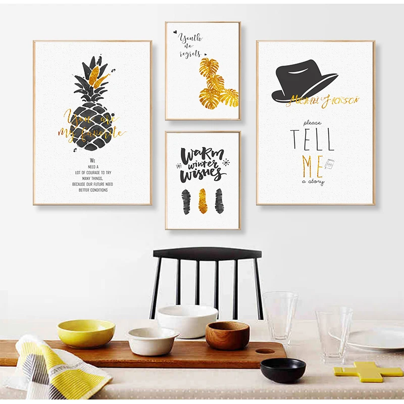 Современная модная Картина на холсте с золотым ананасом и английскими фразами