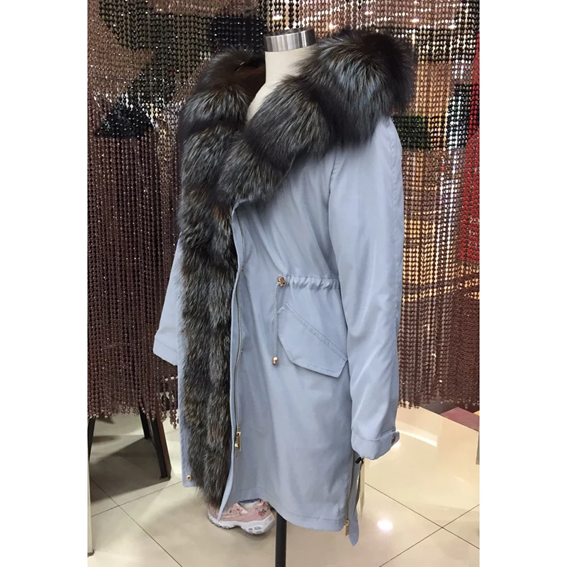 Женская зимняя длинная парка, пальто, куртка с капюшоном, Воротник из енота и лисы, съемная подкладка из кролика, 43D 66081