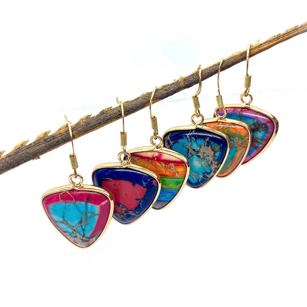 

1pair Natural Stone Turquoise Earrings Triangle Colorful Jewelry Charm Woman Gift Metal Edging Suitable Party Banquet Crafts
