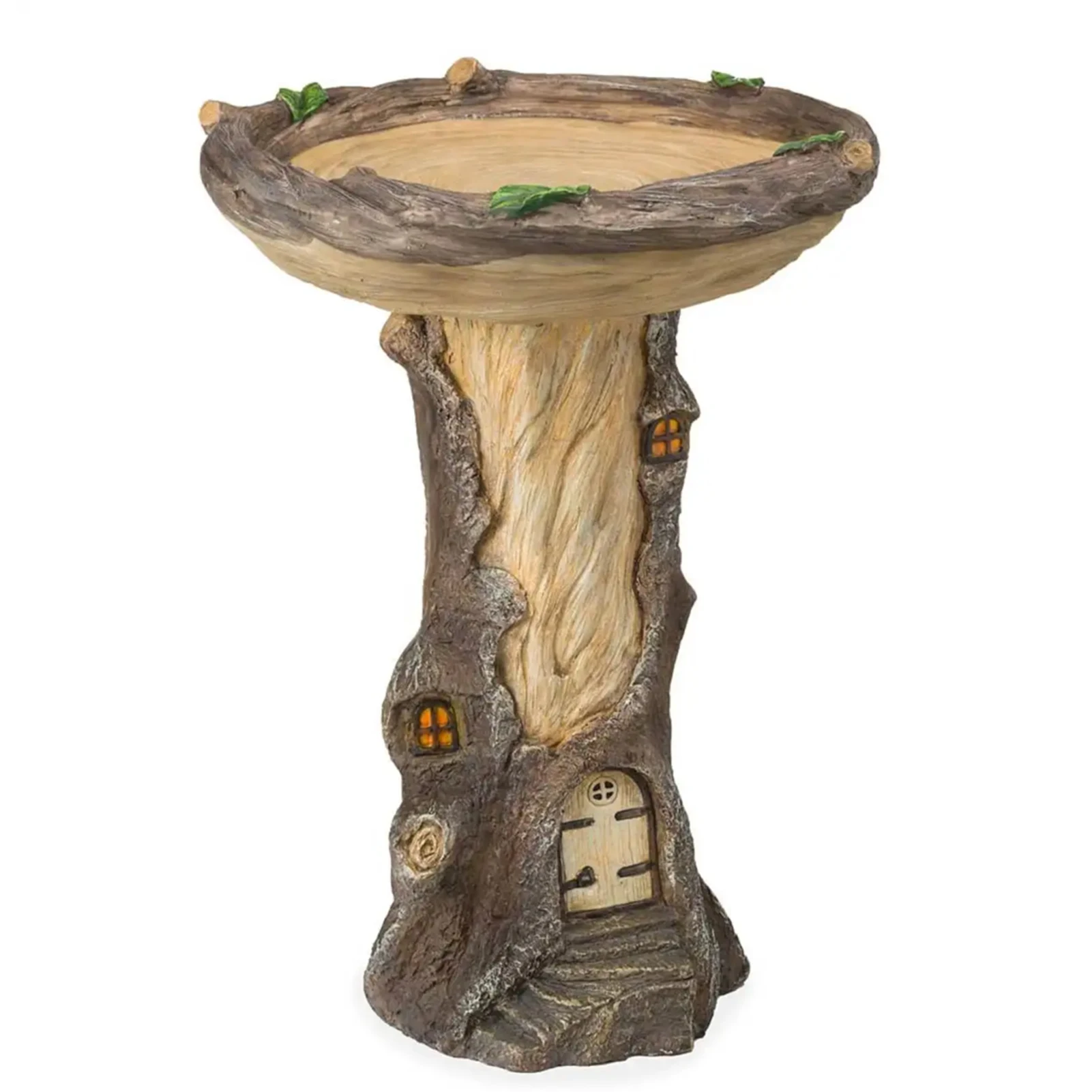 

Full-Size Fairy Garden Birdbath with Miniature Fairy House in A Tree Stump Hand-Painted All-Weather Wood-Look Resin FBS889