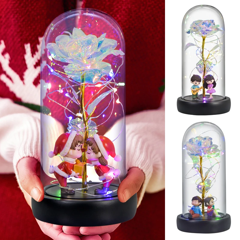 

1 set Gold Foil Flowers Galaxy Rose In Glass Dome LED Lamp Light For Valentine's Mother's Day Gift and Wedding Decoration