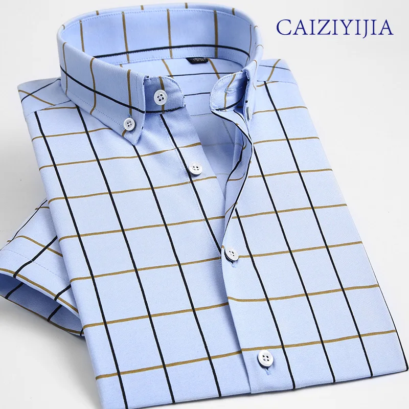

Men's Short Sleeve Button-down Plaid Dress Shirts Sky-blue Male Smart Casual Slim-fit Comfort Soft Modal&Cotton Thin Tops Shirt