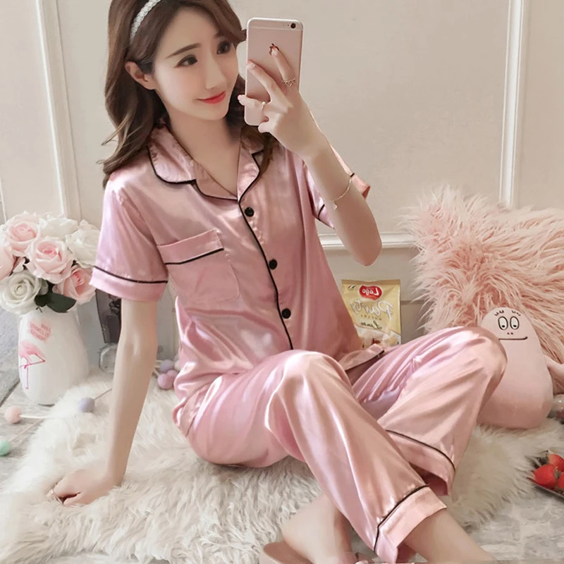Пижамный комплект Для женщин шелковая футболка с короткими рукавами длинные