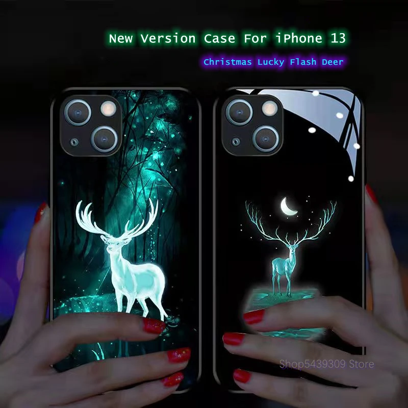Forest See Deer LED Flash Light Up Case For iPhone 13 11 12 Pro X XR XS Max 8 7 Christmas New Year Cute Deer Coque Cover Funda