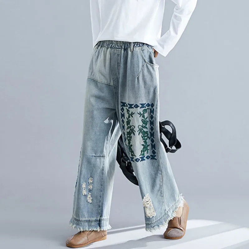 

2020 New Jeans Wild Nine Point Straight Pants Plus Size Autumn Women Loose Vintage Holes Embroidery Wide Leg Pants Elastic PR058