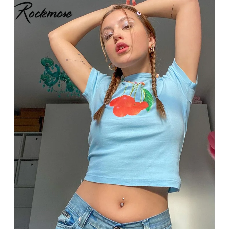 

Rockmore Y2K Cherry Cute Print T-Shirt Women Crop Top Tee Aesthetic Clothes Harajuku Kawaii Summer Short Sleeve Korean E Girl