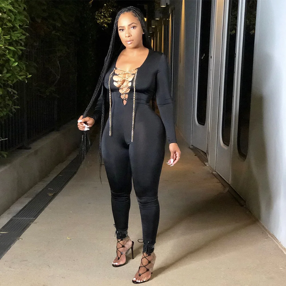 

Autumn Chain Lace Up Side Sexy Sleeveless Skinny Pencil Jumpsuit Women Party Club Tank Rompers One Piece Overalls Outfit