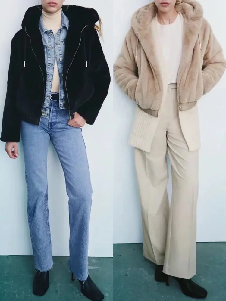 

ZA Autumn Fashion Atmosphere All-match Women's Faux Fur Effect Hooded Drawstring Long Sleeve Zip Jacket