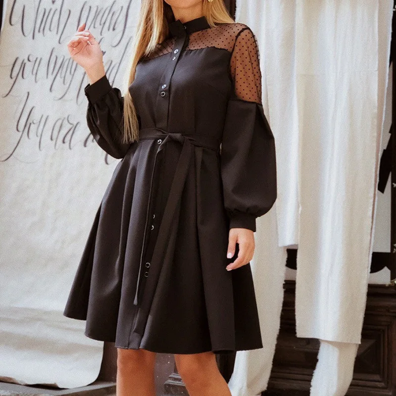 

European and American foreign trade hot style sexy lace stitching round neck stand collar lantern sleeve belt dress