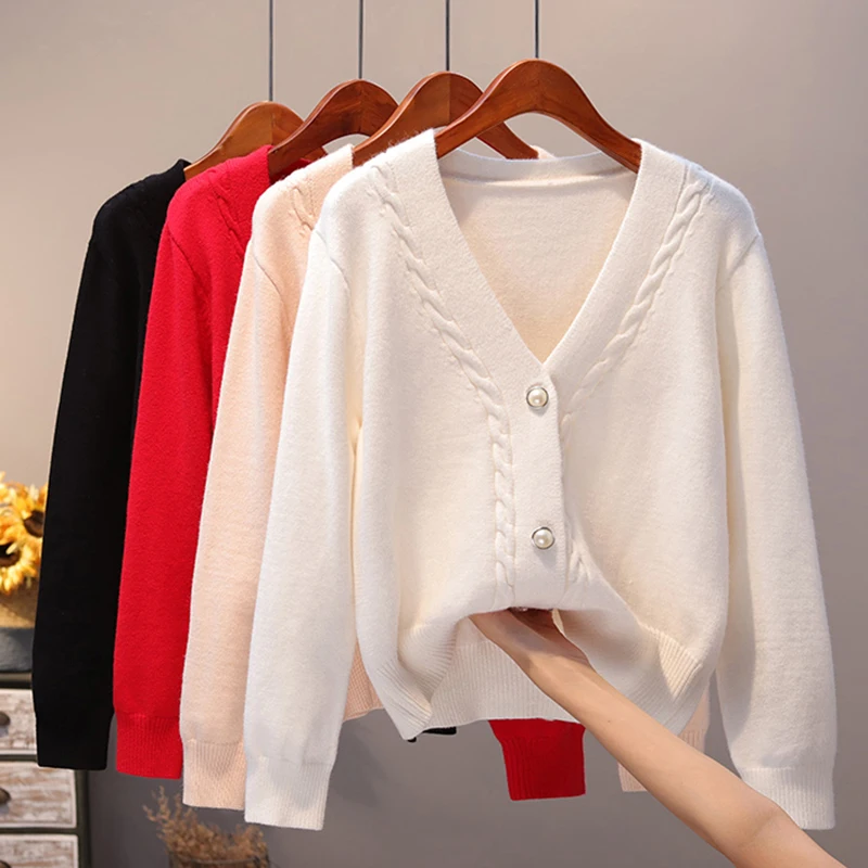 

Zohoha Women Cardigan Autumn Winter New V Neck Pearl Single Breasted Loose 2021 Thicken Sweater Sweet Long Sleeve Knitting Top