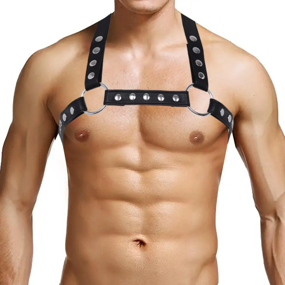 

Harness Mens Lingerie Flexible Faux Leather X Shape Back Body Chest Half Harness Belt with Metal O-Rings Cosplay Club Costumes