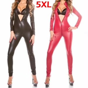 Сексуальное женское белье размера плюс, Женское боди из латекса на молнии, боди с открытой промежностью эротические чулки, комбинезон из искусственной кожи PU, комбинезон для женщин