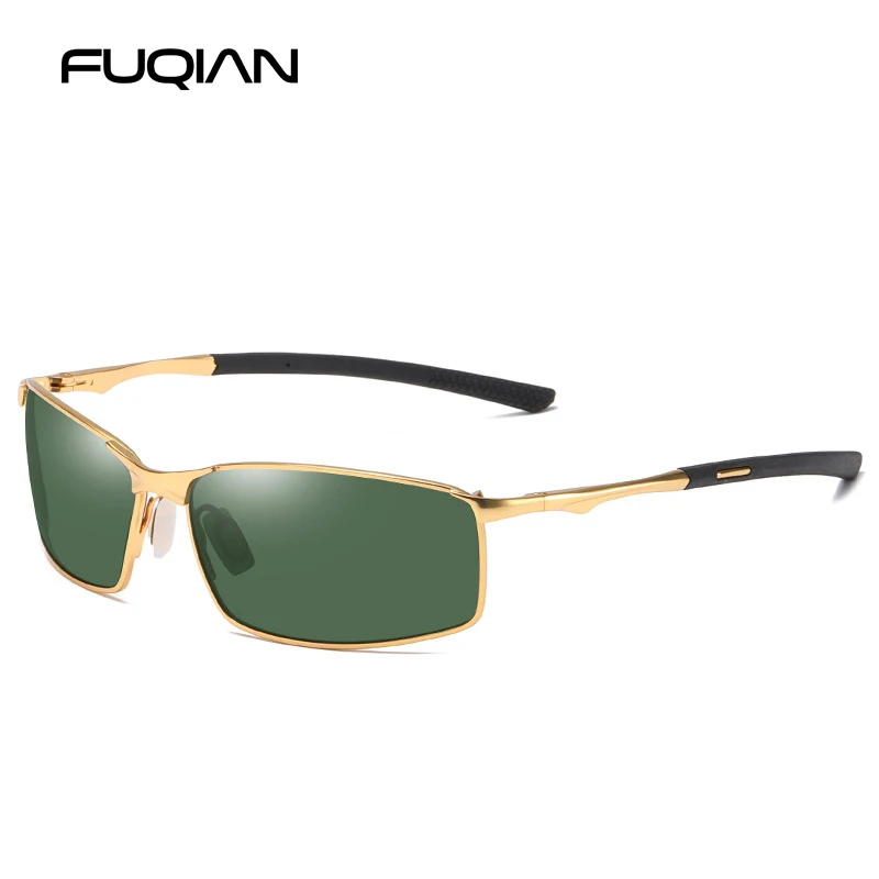 GOLD GREEN FUQIAN, модные, для вождения, поляризационные солнцезащитные очки, мужские, высокое качество, металлический квадрат, мужские солнцезащитные очки, для улицы, солнцезащитные очки, Gafas De Sol - Цвет линз: GOLD GREEN