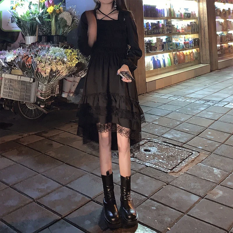 

New Gothic Women Black Fairy Party Dress Cross Square Collar Cute Lace Ruffles Chic Dress Spring Summer Dress
