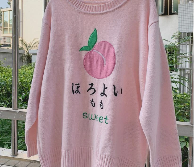 Peach Embroidery Pink Colour Lovely Woman Sweater Loose Round Neck Long Sleeve Female Autumn Winter Pullovers | Женская одежда