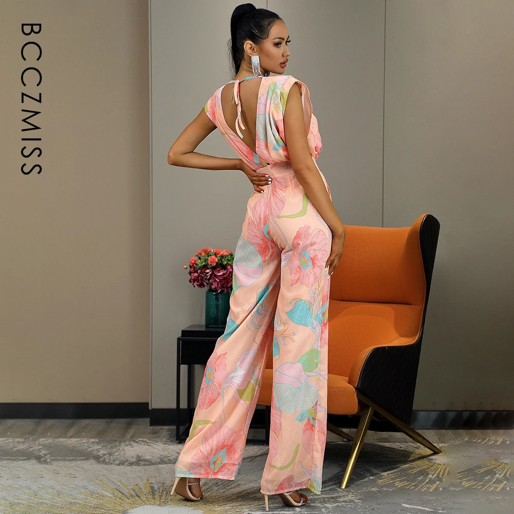 

Pink Dress Set Women Chiffon Summer Jumpsuit Sexy Club Deep V-Neck Backless Loose Floor-Length Wide Leg Horn Shape Floral Party
