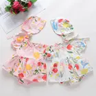 Коллекция 2021 года, летняя одежда для маленьких девочек боди с короткими рукавами и цветочным принтом для маленьких девочек + шапочка, одежда для малышей от 0 до 2 лет
