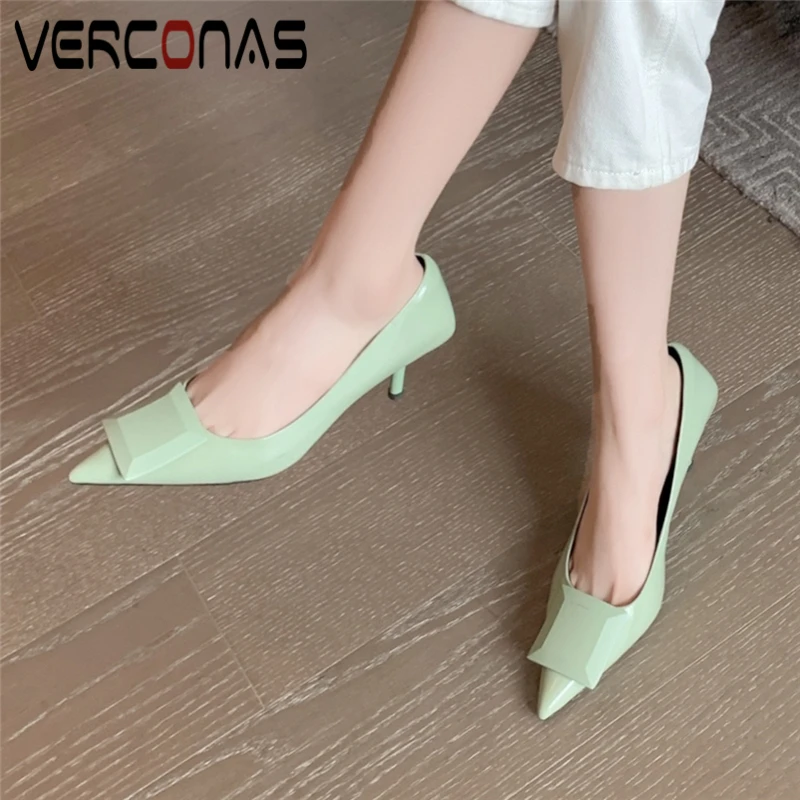 

VERCONAS Office Lady Fashion Sexy Pointed Toe Shallow Genuine Leather Women Pumps Spring Basic Thin Heels Shoes Woman Classic