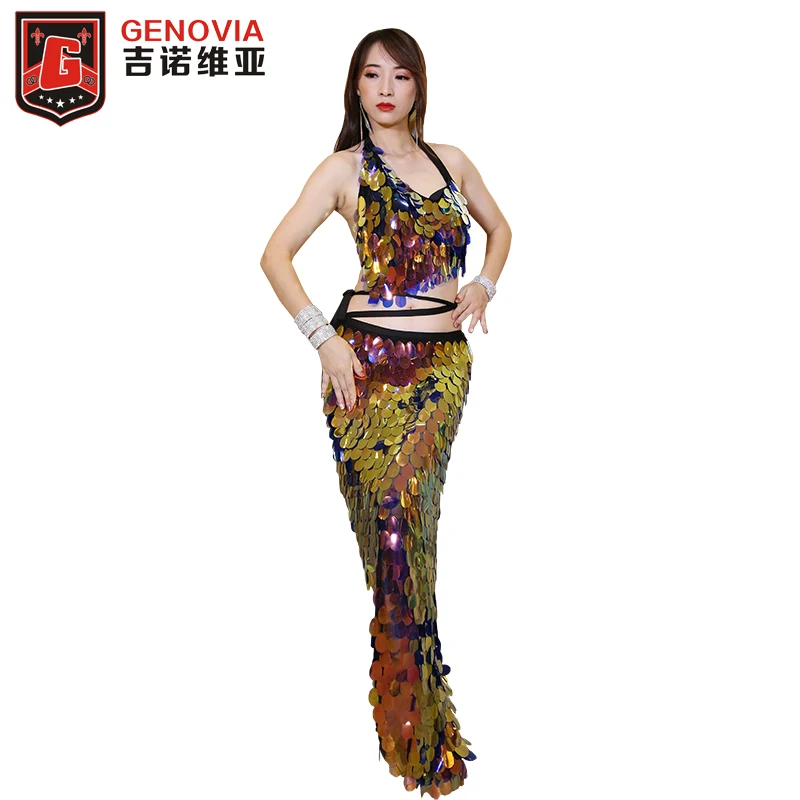 Women Sequins Mermaid Scale Belly Dance Costume Bra And SkirtSet Girls Nightclub DJ Halloween Performance Dancewear | Тематическая