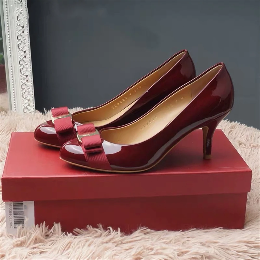 Burgundy 7CM Junetxin/Женская обувь наивысшего качества обувь ручной работы из натуральной кожи на каблуке г., Классическая Брендовая обувь с круглым носком - Цвет: Burgundy 7CM