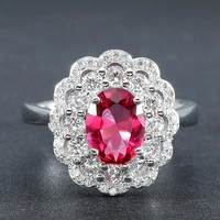 luxury flower red crystal ruby gemstones diamond rings for women white gold silver color bague jewelry bijoux party gift fashion