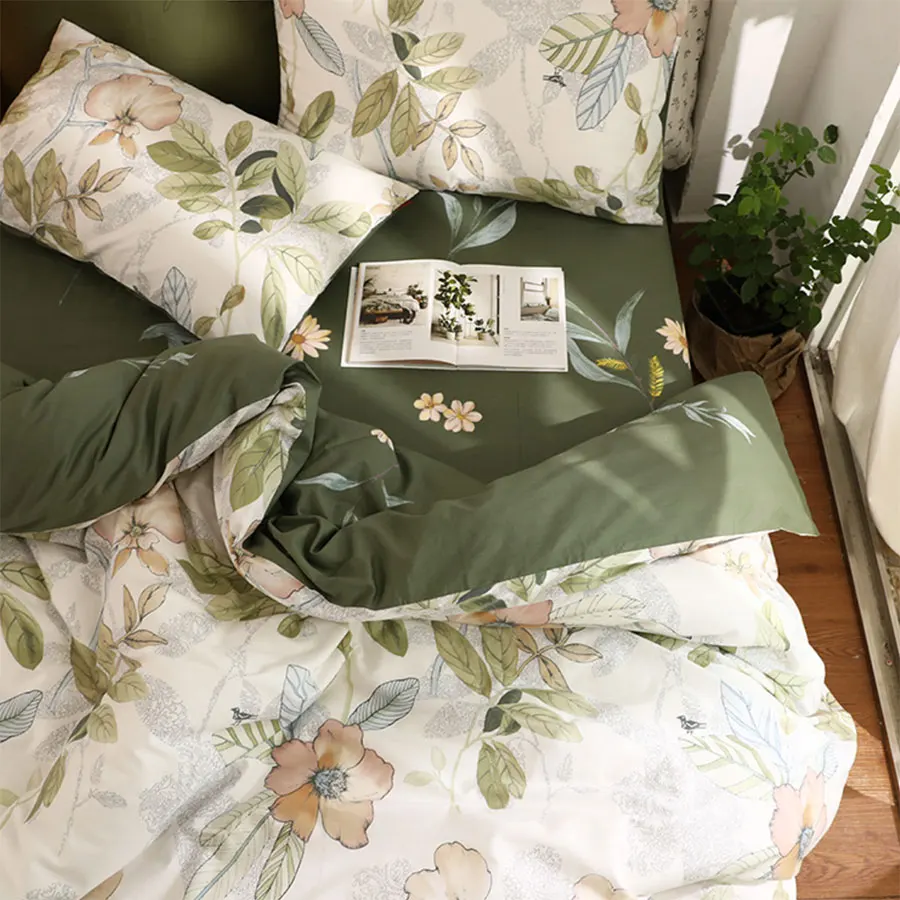 

Vintage green leaf bedding set,trend design flower cotton twin full queen king home textile bed sheet pillow case quilt cover