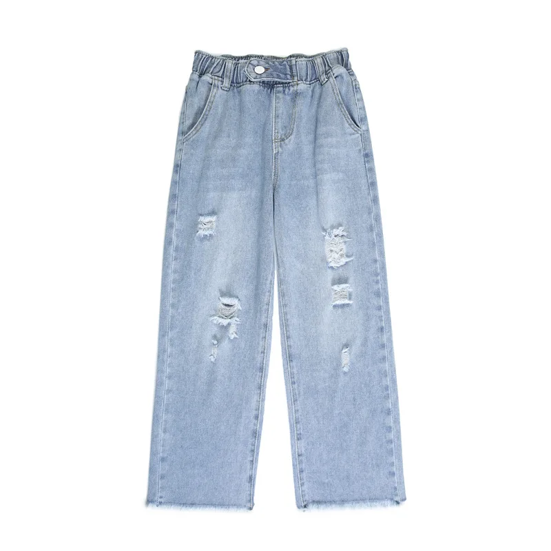 

Wide leg jeans women's new fashion elastic waist Korean summer versatile loose show thin hole fringe nine point waistband