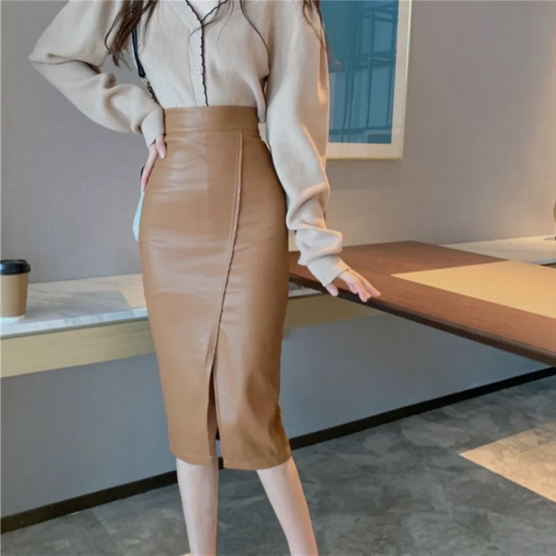 

Женская юбка из искусственной кожи, модная офисная облегающая юбка миди с высокой талией, Женская бандажная одежда-карандаш, 2021