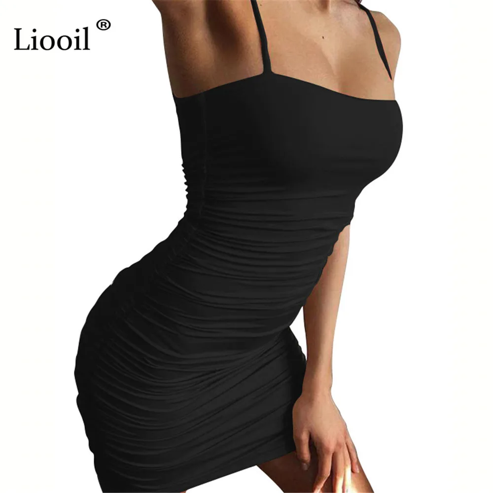 

Liooil Sexy Ruched Bodycon Mini Dress Women Summer 2021 Street Wear Sleeveless Backless Black White Draped Tight Short Dresses