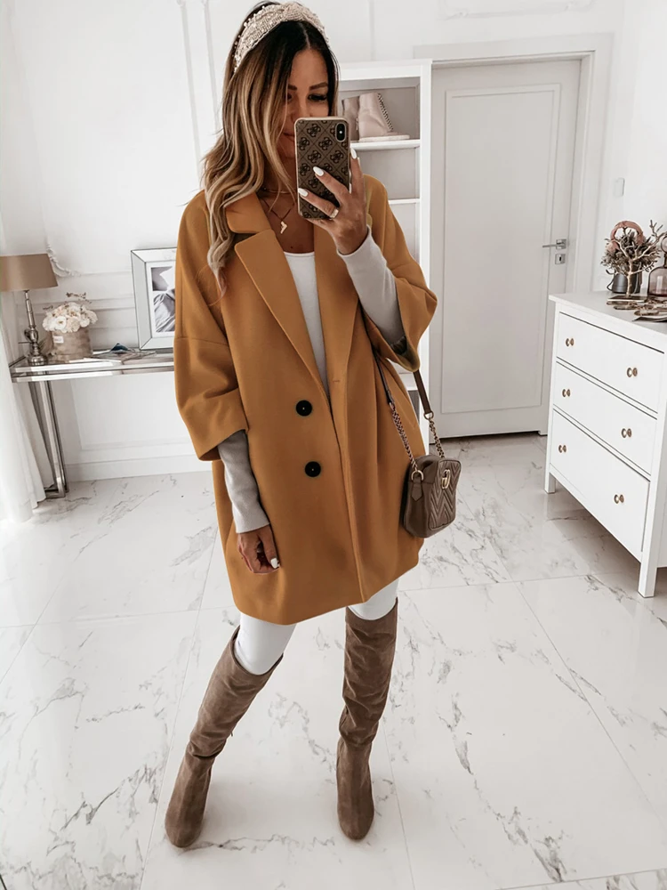 

Soild Lapel Long Coat Camel Clothes Women's Warm Overcoat Oversized Loose Casual Belted Puffer Topcoat for Women Fall/winter New