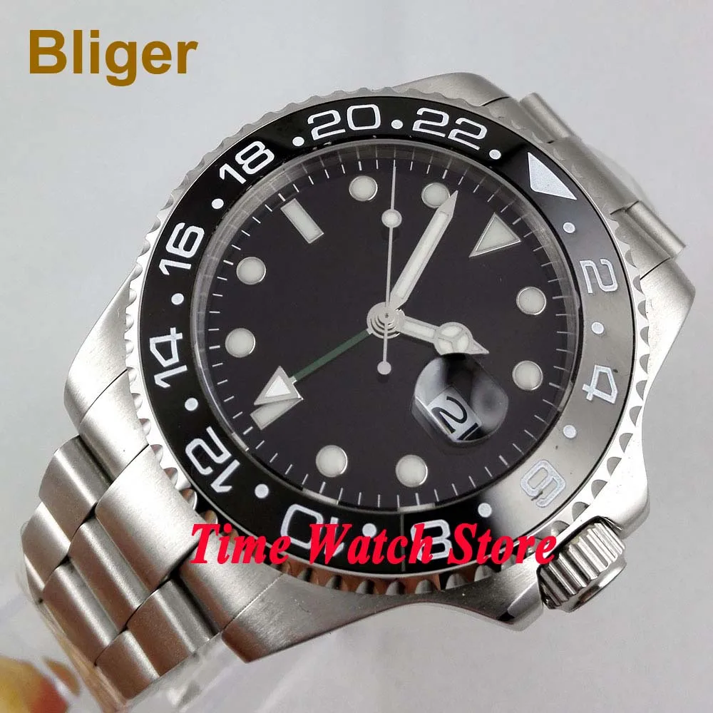 

Мужские часы Bliger 43 мм, черный стерильный циферблат GMT, Керамическая рамка, сапфировое стекло, автоматическое перемещение, мужские Часы 294